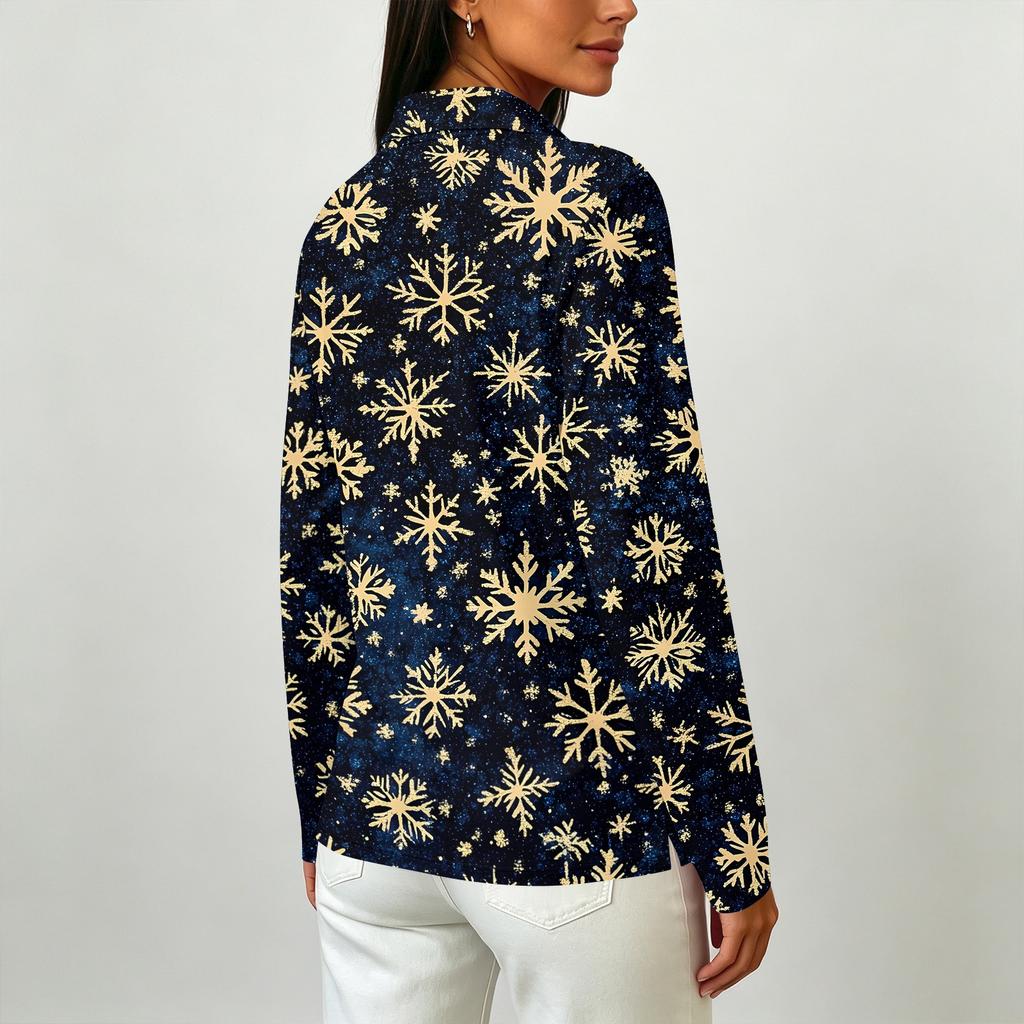 Women's Christmas Print Long Sleeve Button Front Collared Casual Top with Side Slits