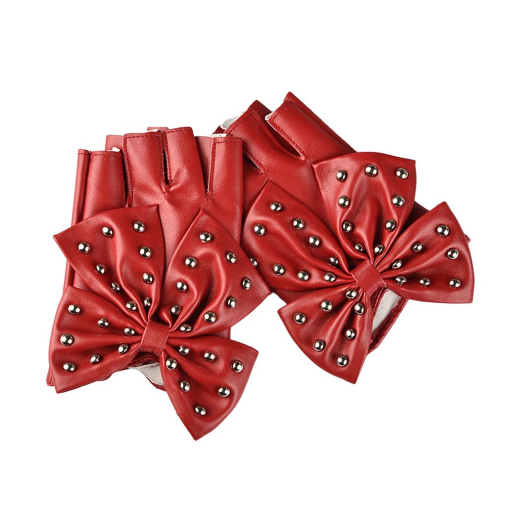 Women Bowknot Rivet Half Finger Gloves PU Leather Gloves For Nightclub Hiphop Dancing Wear And Stage Performances