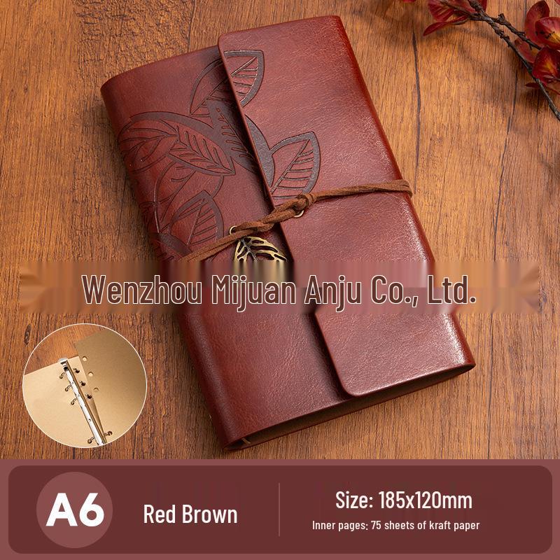 Retro A6 Leather Cover Notebook: Japanese Korean Style Planner & Travel Diary with Leaf Design and Strap.
