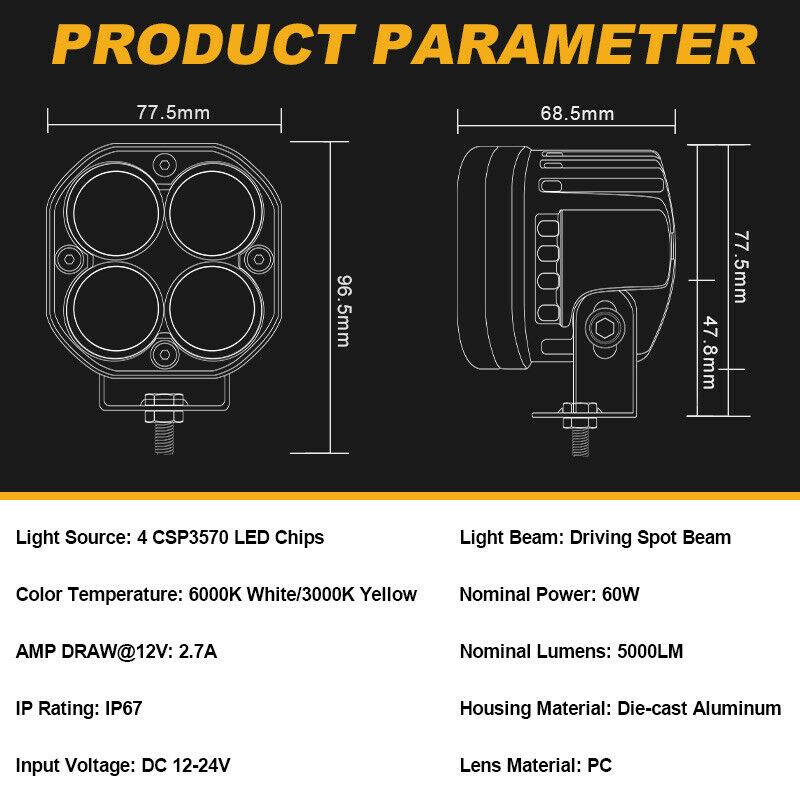 2pcs 3 Inch 60W LED Work Light Bar For ATV Car 4x4 Offroad Motorcycle Lens Spotlight White Amber Fog Lamp 12V