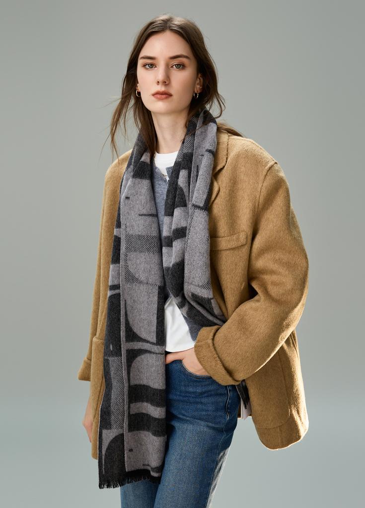 ELLE 100% Sheepskin Scarf Women's Autumn and Winter Warm Fashion Letter Jacquard Shawl Dual purpose