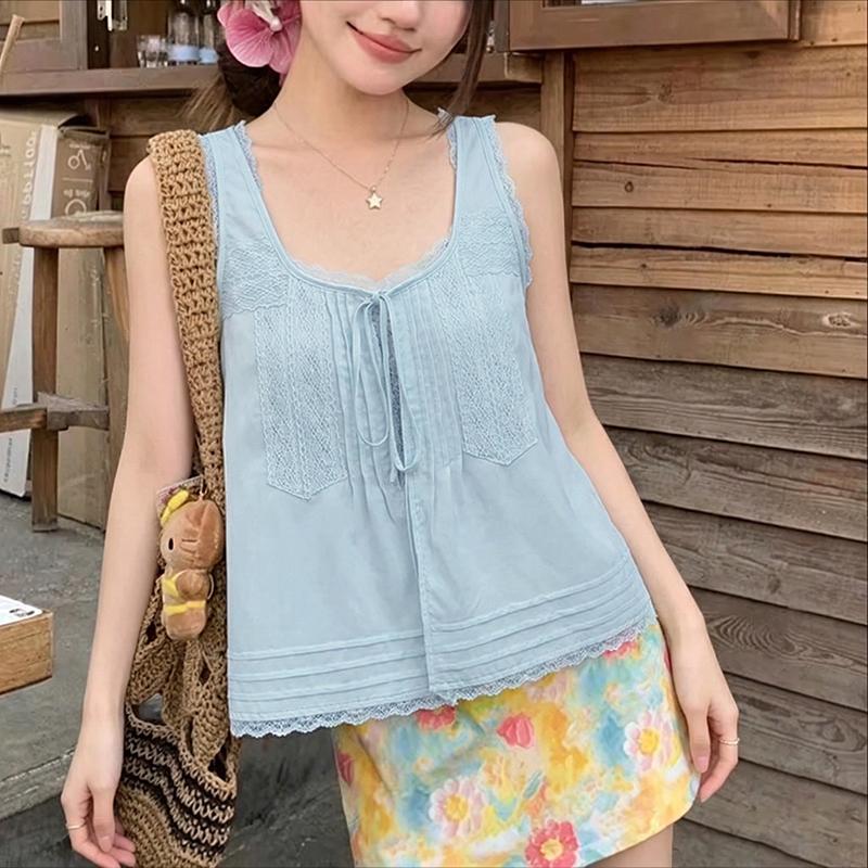 ZANZEA Canottiere Casual Estivi da Donna con Inserti in Pizzo, Scollo a U, Senza Maniche