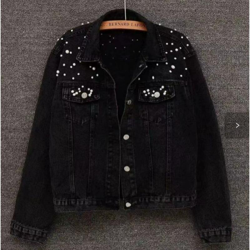 women s Pearl Embellished Lapel Long Sleeve Cropped Loose Denim Jacket Casual Outerwear Coat S чёрный