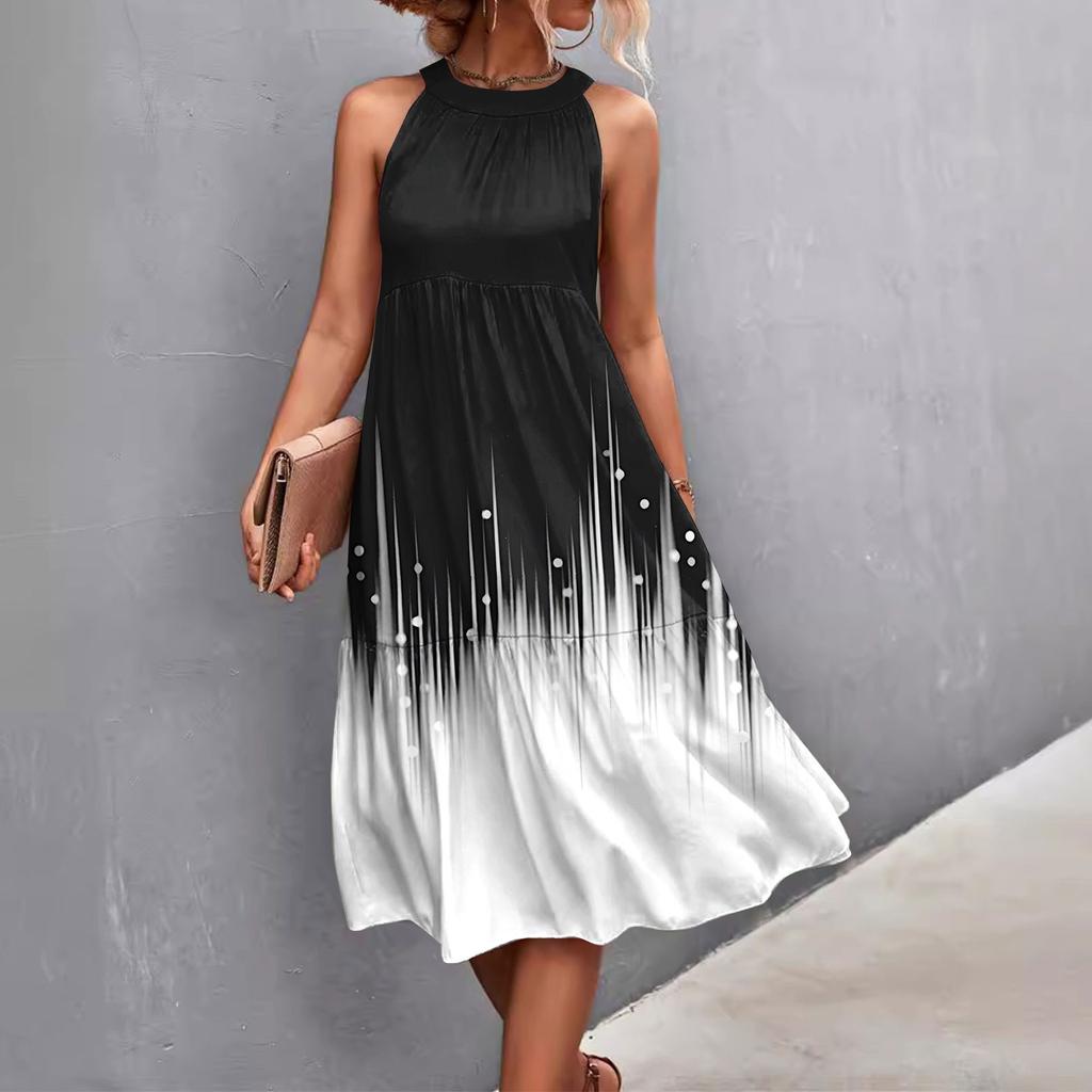 Women's Summer Sleeveless Solid Color Printed Loose Splicing Casual Hanging Neck Beach Dresses