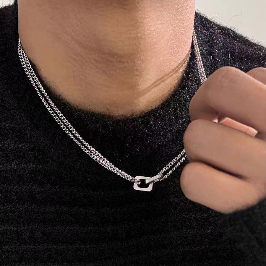 Tan Jianci Same Style Niche Double Layer Necklace Unisex Versatile Necklace Titanium Steel Non-Fading High-End Collarbone Chain for Men