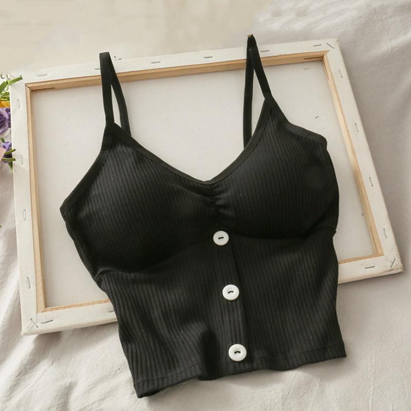 Fashion Ladies V-Neck Knitted Button Strap Vests Sexy Solid Colors Sleeveless Tank Tops Spring and Summer and Autumn Seamless Underwear Camisoles