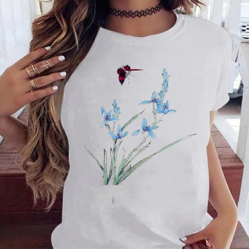 Woman Butterfly Tree Print Harajuku Summer Tshirts Casual Round Neck Short Slee Top Tee Shirt Women Black T-shirt Drop Ship