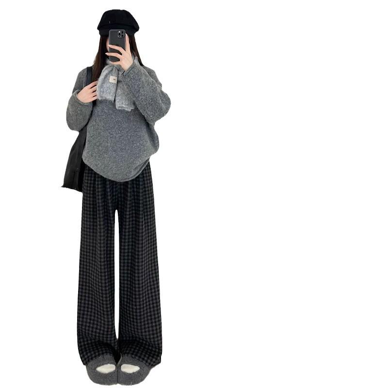 Petite Korean Style High Waist Wool Blend Plaid Wide Leg Pants - Fleece Lined for Autumn/Winter