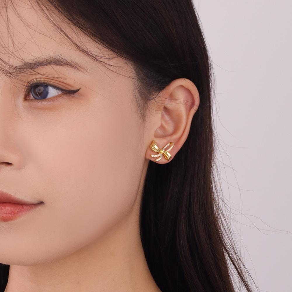 Japanese & Korean Minimalist Bow Luxury Copper & 925 Silver Stud Earrings for Women