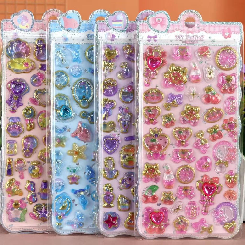 8Pcs Japanese Style 3D Crystal Epoxy Relief Stickers For Kids, Diamond Decorated, Magic Wand & Marine Life Fun Stickers