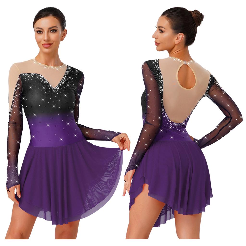 Abito per Pattinaggio Artistico da Donna S-XXL: Tessuto Glitterato Sfumato con Patchwork di Rete Trasparente e Slip Interni Pratici