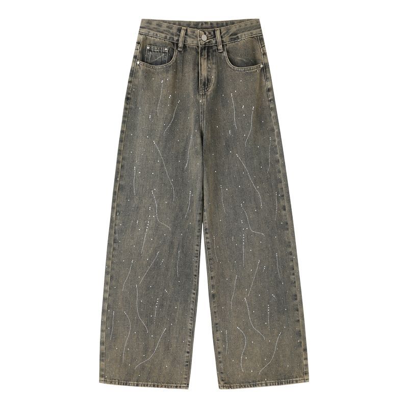 Spring Summer Premium Rhinestone Bling Streetwear Drape Wide Leg Comfy Floor Sweeping Denim Pants Women Casual Pants Oversize Denim Trousers