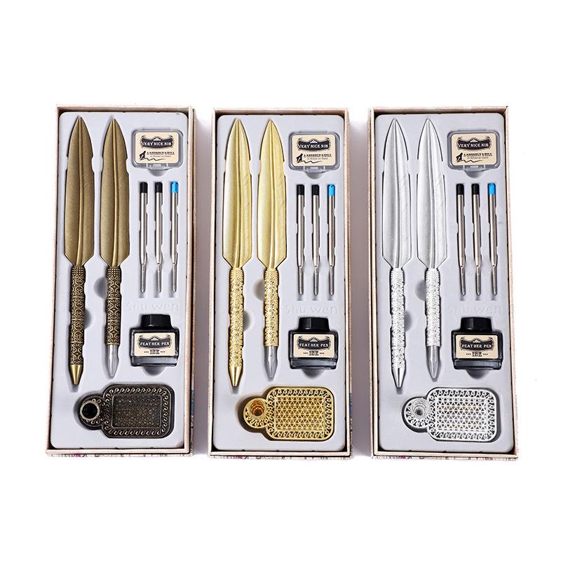 Vintage Gold Feather Fountain Pen Set - British Style Creative Christmas Gift