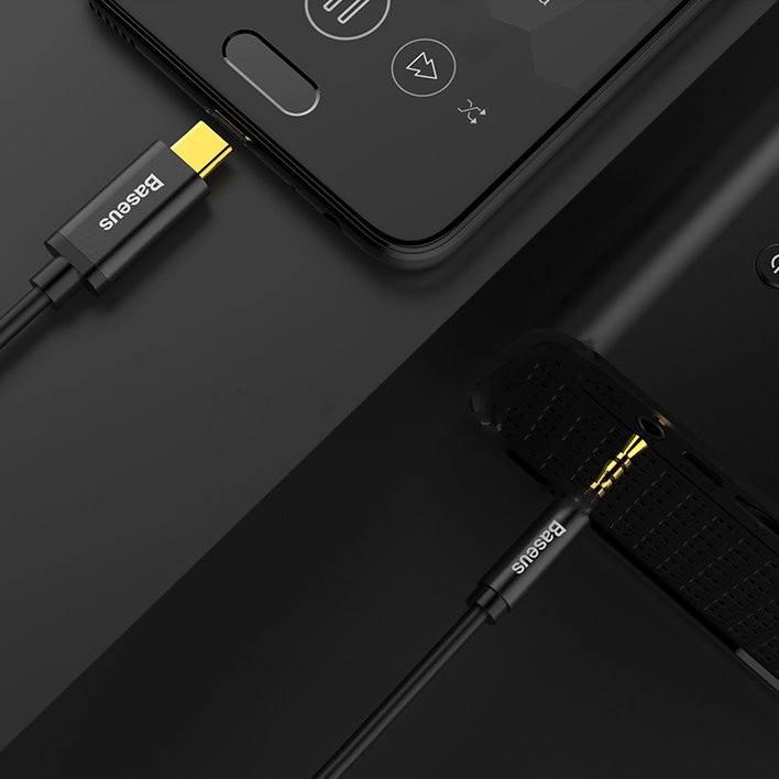 Baseus kabel audio stereo przejściówka AUX 3,5 mm mini jack - USB Typ C do telefonu tabletu 120cm czarny (CAM01-01)