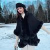 Women Double‑Layer Faux Fur Trim Poncho Shawl Winter Warm Open Front Cape Outerwear