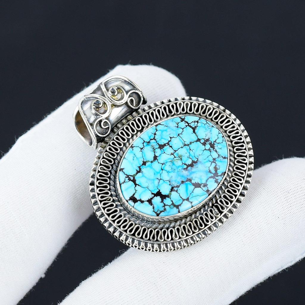 Natural Tibetan Turquoise Gemstone Silver Pendant In 925 Sterling Silver- Handmade Design, Everyday Wear Jewelry, Antique Pendant Gifts For Her