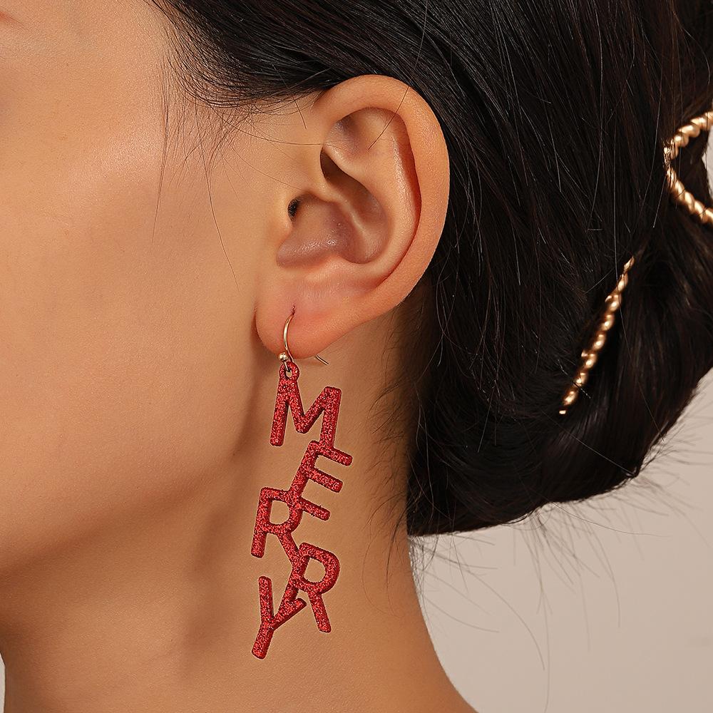 Weihnachtsohrringe 2026, modische und kreative rote handgefertigte Ohrringe mit englischen Buchstaben, Ohrringe mit winterlicher Festtagsstimmung