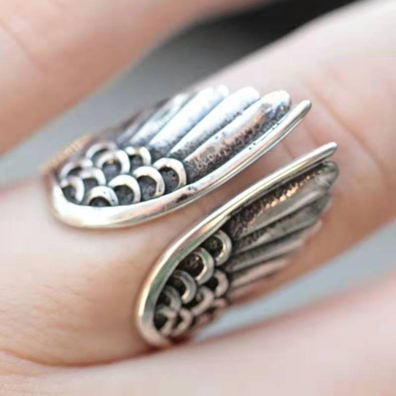 Popular New Angel Wings Ring European and American Retro Black Angel Wings Open Finger Ring