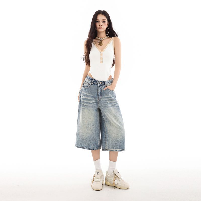 Fashion Summer Vintage Whisker Unisex Streetwear Wide Leg Loose Straight Denim Cropped Capri Pants Trendy Versatile Slimming Couple Outfit