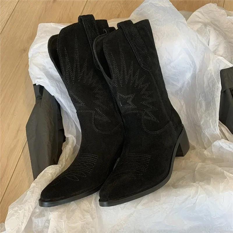 Fashion 2024 Natural Embroidered Women Boots Leather Handmade Pointed Toe Spike Heel Autumn Winter Boots Cowboy New Western Retro