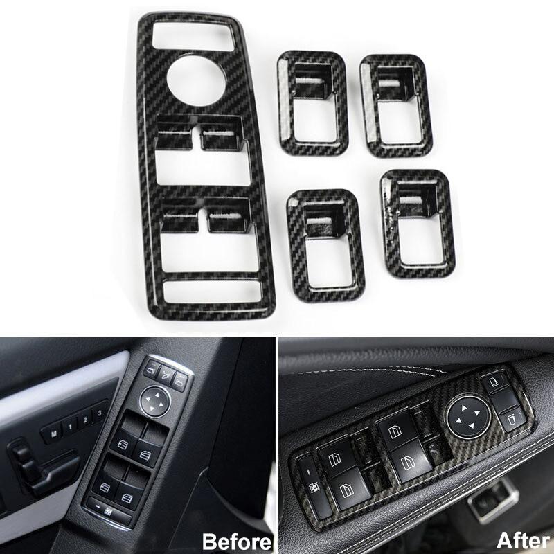5Pcs/Set ABS Plastic Carbon Fiber Look Window Lift Switch Button Frame Sticker Fit for Mercedes-Benz A/B/C/E Class /CLA/GLA/GLE/ML/GLK