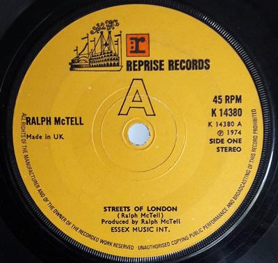 7inch Record RALPH MCTELL  Streets Of London K14380 REPRISE 1974 UK CountryFolk Used