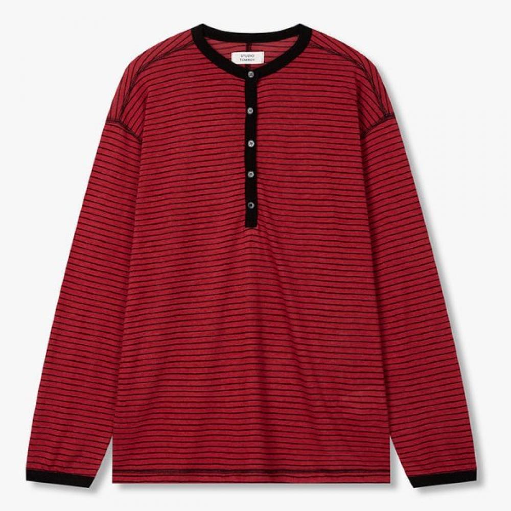 STudio Tomboy Men S Henley Neck STripe Long Sleeve T ShirT 9106222221 Red/OS