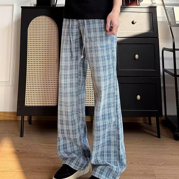 Plaid jeans men's summer thin trendy brand ruffian handsome fried street pants American high street loose straight slightly pulled