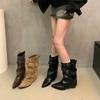 Soft Leather Version Mermaid Western Cowboy Boots Retro Style Rivet Pointed Toe Thick Heel Knight Boots Mid-Calf Pant Leg Boots