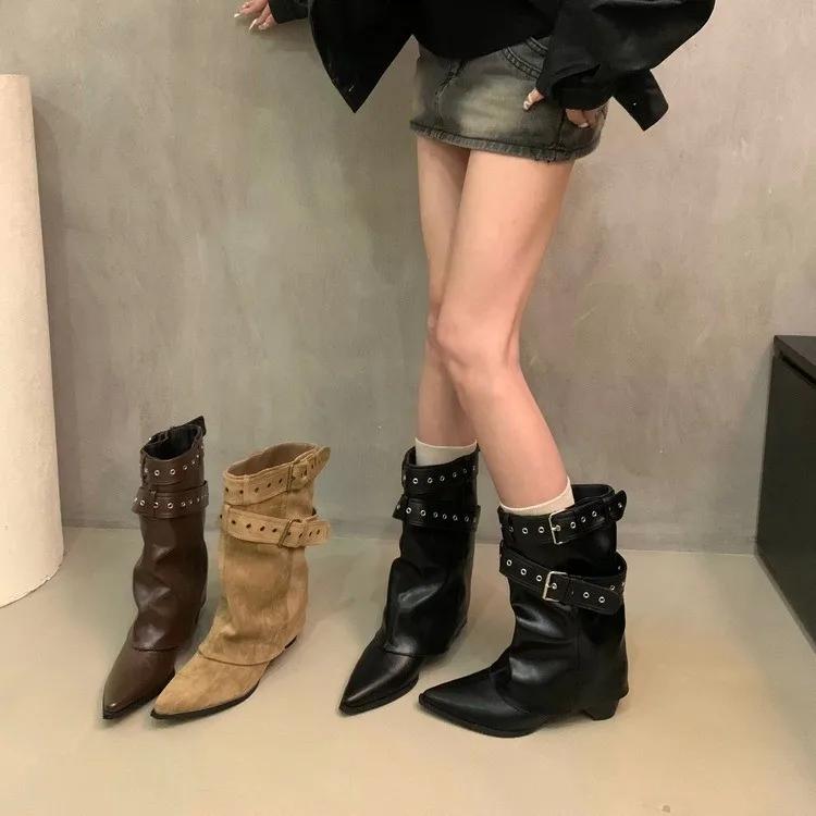 Soft Leather Version Mermaid Western Cowboy Boots Retro Style Rivet Pointed Toe Thick Heel Knight Boots Mid-Calf Pant Leg Boots