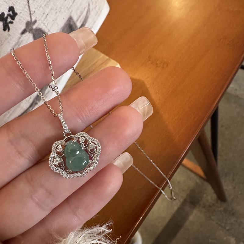Exquisite S925 Sterling Silver Blue Jade Gourd Necklace with Diamond Inlay