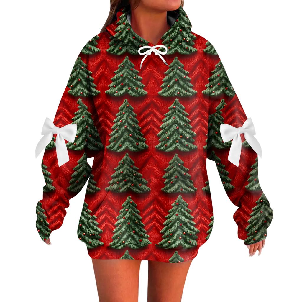 Ladies' Christmas Printed Bow Long Sleeved Loose Fitting Headband With Rope Hooded Sweatshirt Top