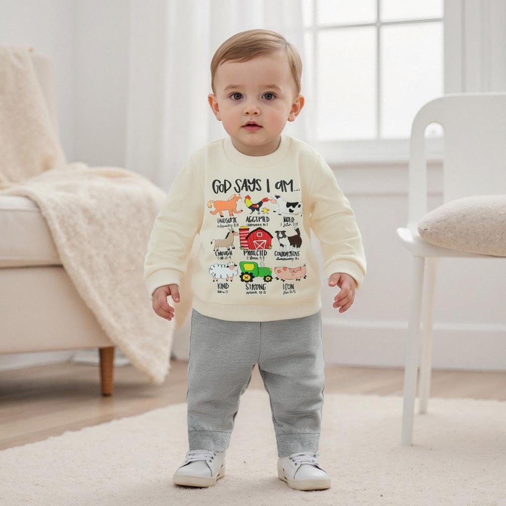 Toddler Boy Fall Outfits Animal Print Long Sleeve Round Neck Pullover Elastic Waist Solid Pants 2 Pcs Set
