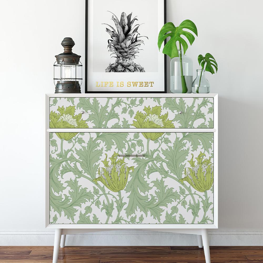 Grüne Blumen-Vinyltapete Selbstklebend Blätter Wandkontaktpapier Elegant Abziehbar Und Aufklebbar Möbel Vinyl Schrankaufkleber