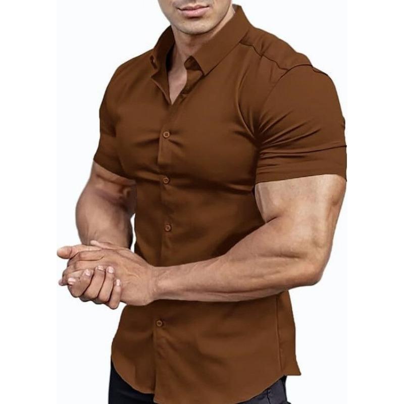 Men Short Sleeve Turn Down Collar Solid Casual Shirt