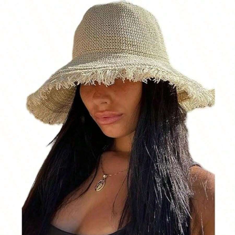 Women Summer Wide Brim Straw Sun Hat With Fringe, Breathable Beach Bucket Hat For Holiday Travel