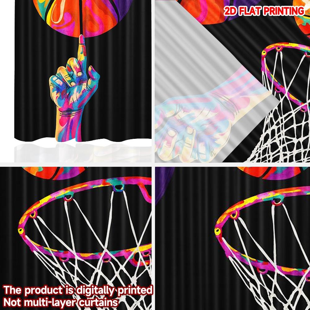 Set Of 2 Flat Printing Drapes Colorful Basketball Digital Printed Polyester Birthday Party Indoor Celebrations Curtain