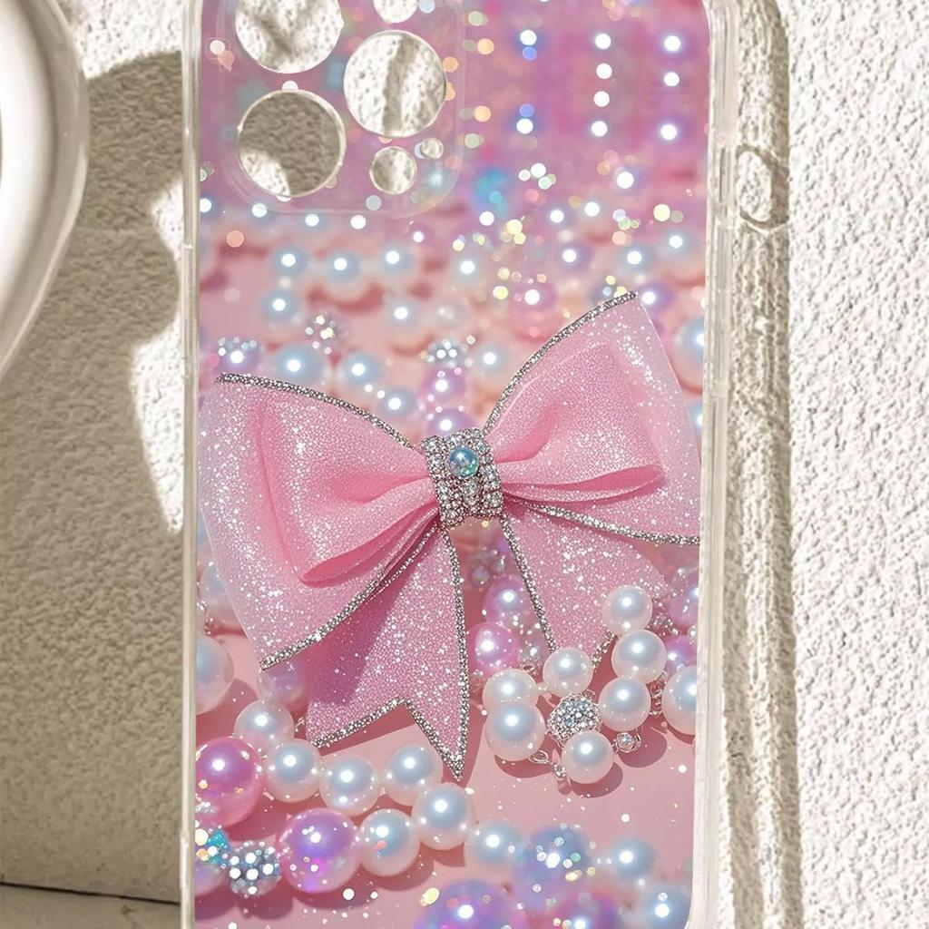 Coque transparente anti-chute avec nœud en perles pour la série iPhone 14/15/16/17 Pro Max