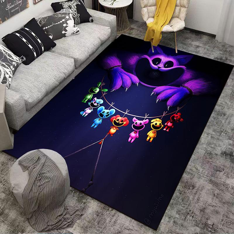 Bunte Charaktere auf dunklem Teppich, geeignet als rutschfeste Matte für das Wohnzimmer oder die Sofaecke im Schlafzimmer