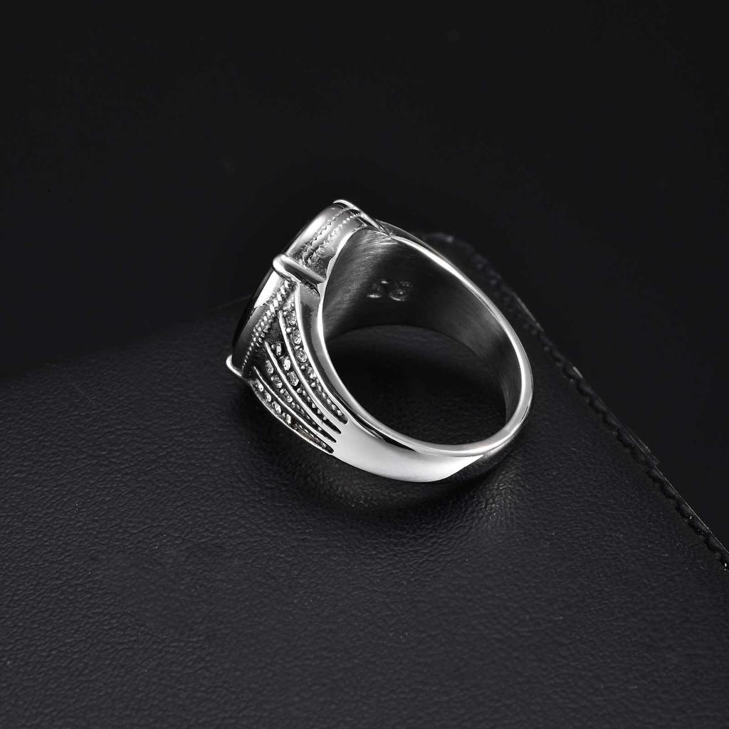 Vintage Geometric Natural Stone Rings for Men Black Oval Onyx Stainless Steel Ring Textured Signet Fashion Punk Jewelry Gift