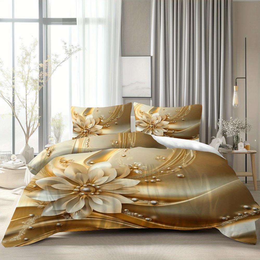 3pcs Golden Bedding Set Gilding Flowers 3D Printed Cozy Duvet Cover King Queen Twin Size Birthday Gift for Adult Bedroom Decor