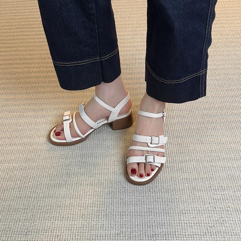Holiday wind summer fashion outer wear open-toed sandals thick heel belt buckle stepping on shit feeling retro middle heel Roman sandals women