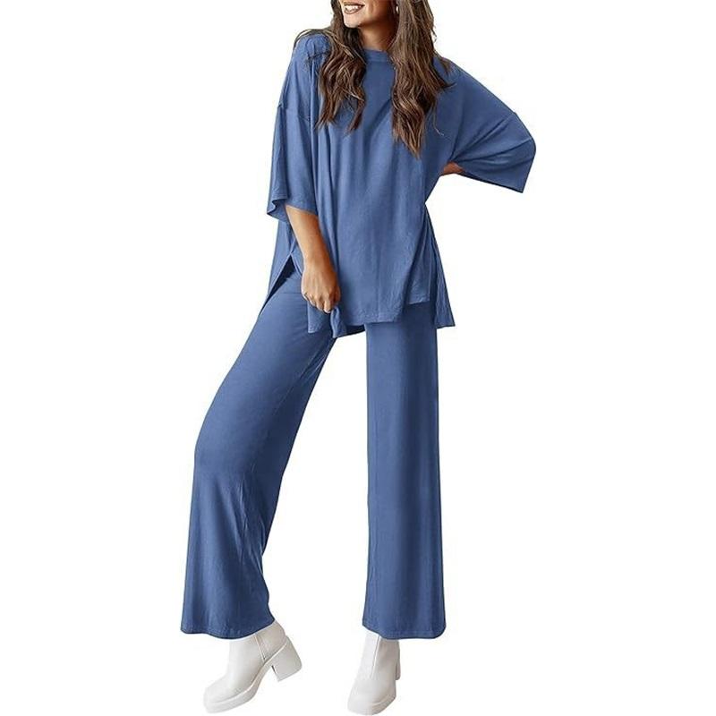 Women's 2 Piece Outfit Oversized Half Sleeve Top Wide Leg Pants Set Casual Loungewear