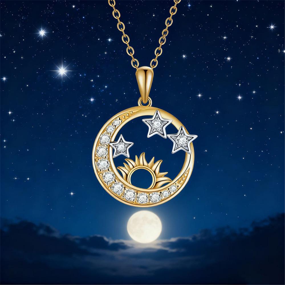 Elegant Female White Zircon Stone Skeleton Round Star Sun Pendant Necklace Gold Color Wedding Jewelry For Women