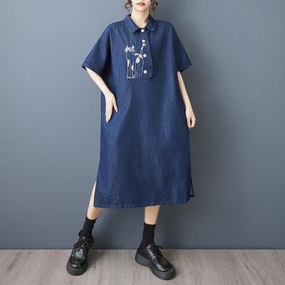 Short Sleeve Plus Size Denim Vintage Embroidery New In Dresses for Women Casual Loose Long Summer Dress