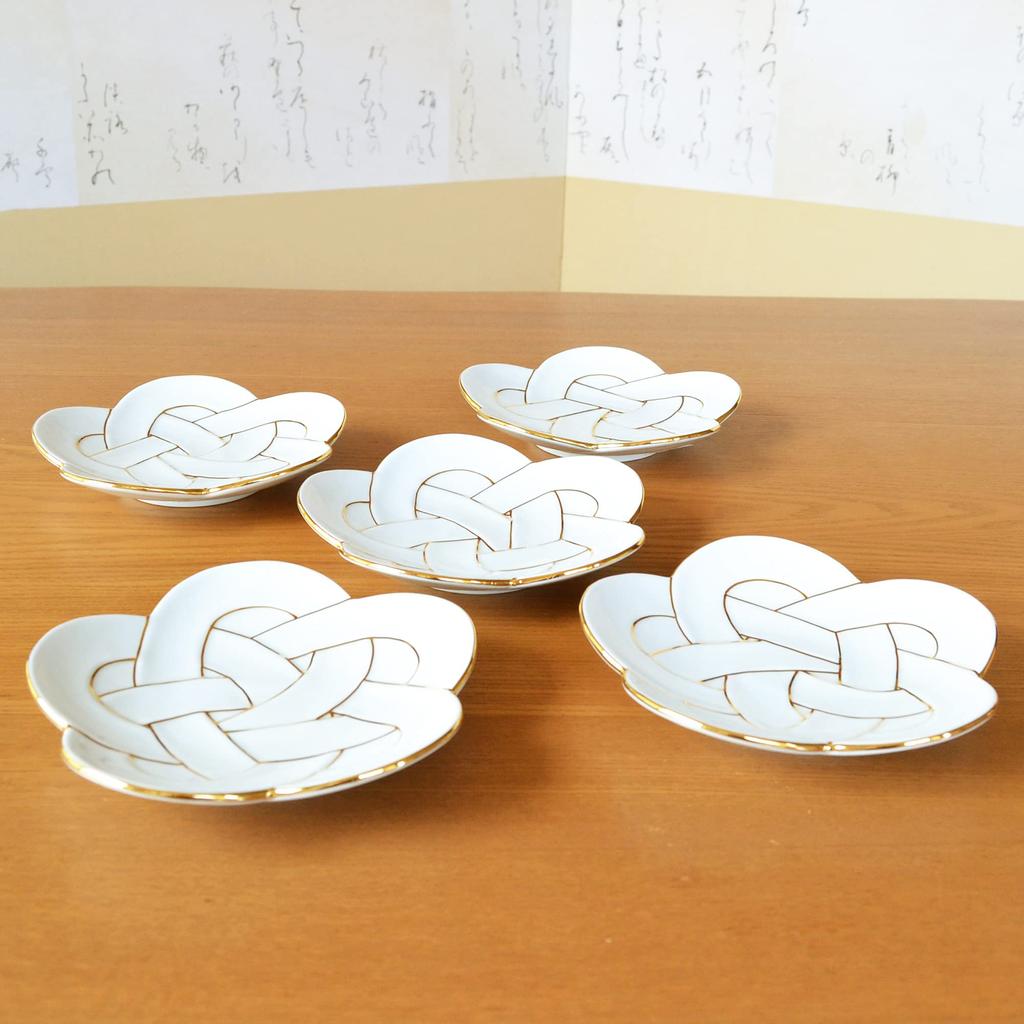 Set of 5 15cm Arita Ware Ume Musubi (Plum Rice Ball) Plates with Gold Wire, Perfect for New Year's Gifts, Gold-Trimmed ...