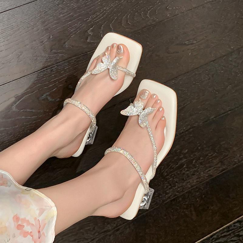 2025 summer fashion new design open-toed slippers fairy style bow rhinestone high heel cool slippers