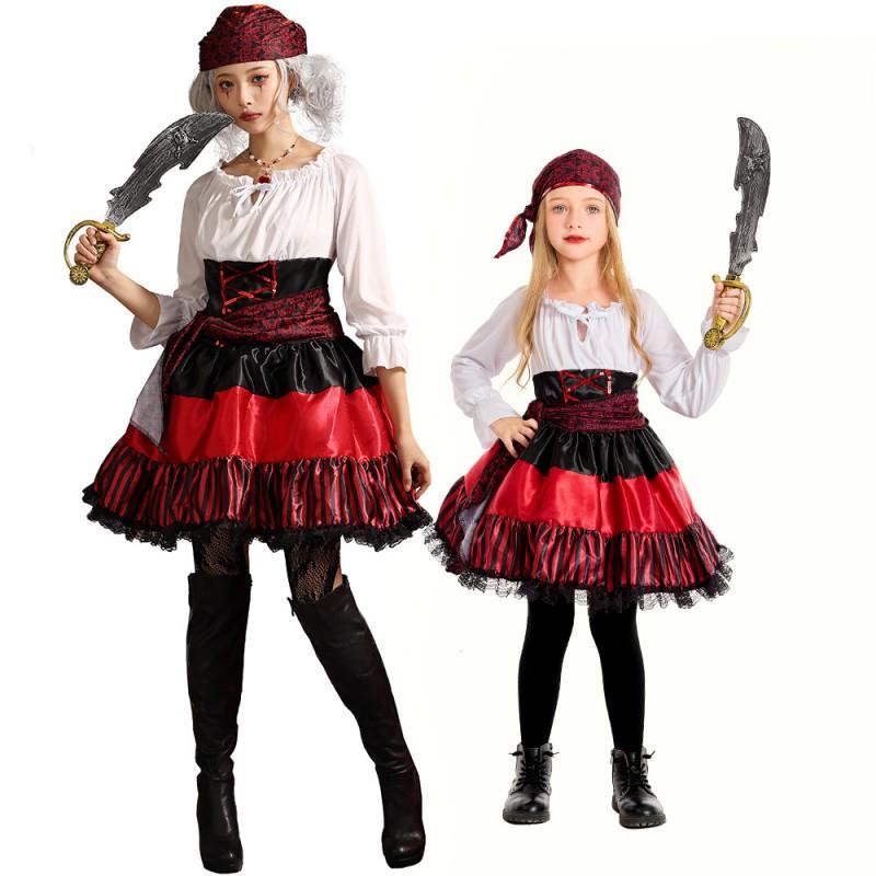 Halloween Costume Girls Pirate Cosplay Outfit Red White Striped Lace Off-Shoulder Dress With 7/8 Sleeves