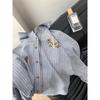 Striped Turn-Down Collar Long-Sleeve Shirt for Women, New Spring Model with Butterfly Embroidery, Slimming Loose Fit, Versatile Trendy Top