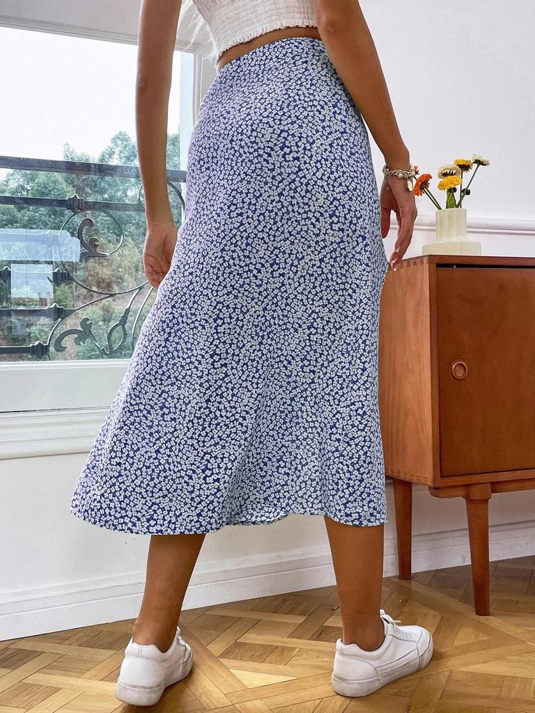 2025 Autumn Floral Print Slit A-Line Mid-Waist Long Skirt